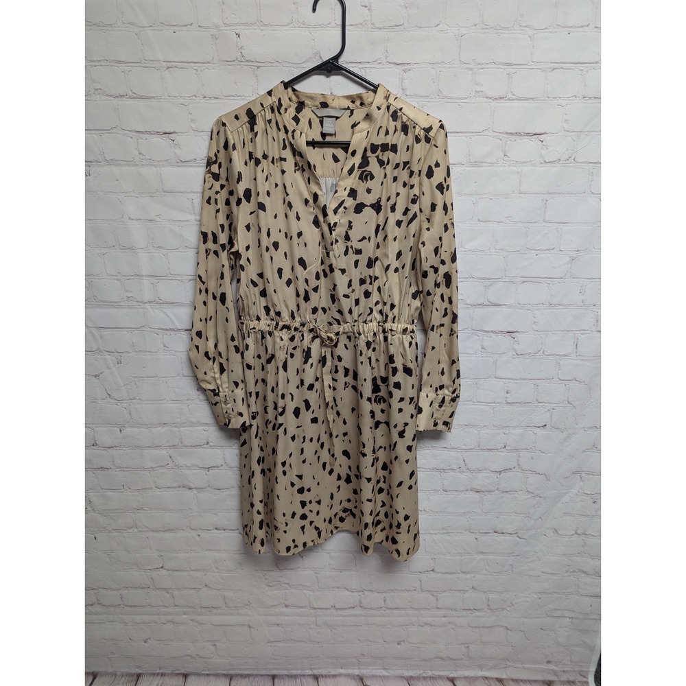 H&M Dress Womens Medium Beige Animal Print Belted Waist Long Sleeve V Neck NWOT